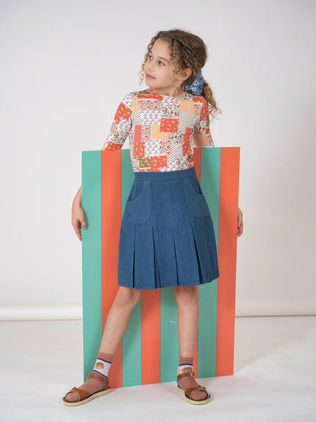 DENIM BOX PLEAT SKIRT - Pompomme-shop