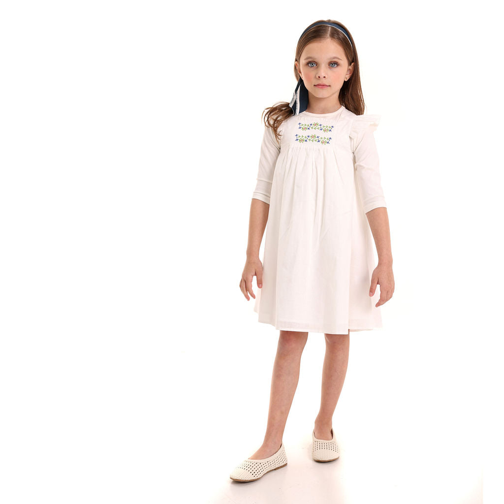 EMBROIDERY SMOCKED LINEN DRESS