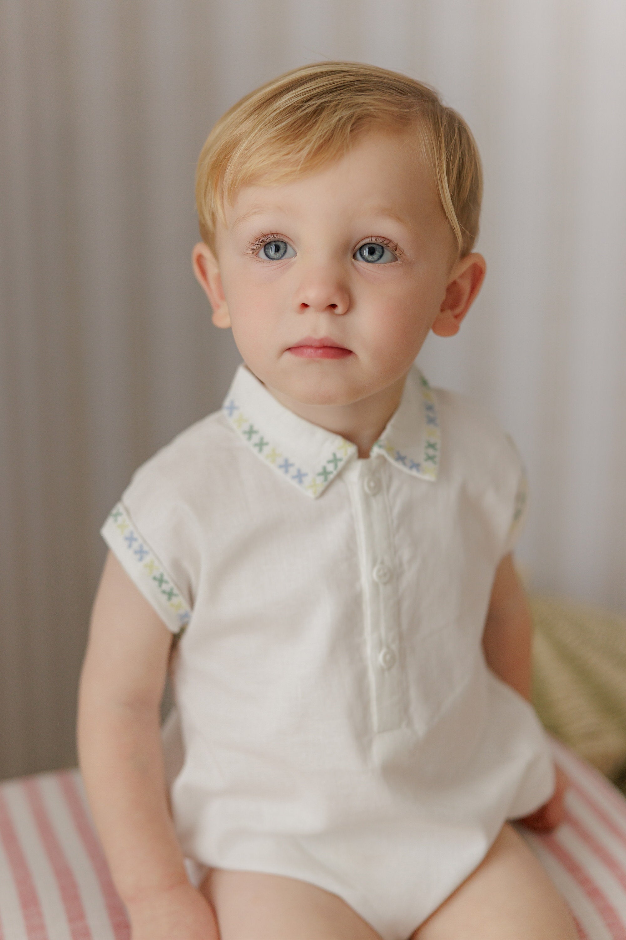 CROSS STITCHED EMBROIDERED LINEN ROMPER BB