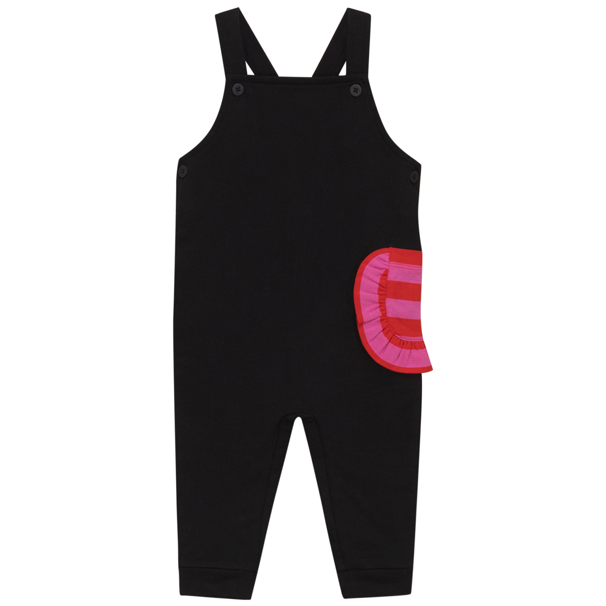 Black overalls with a pink and red striped pocket